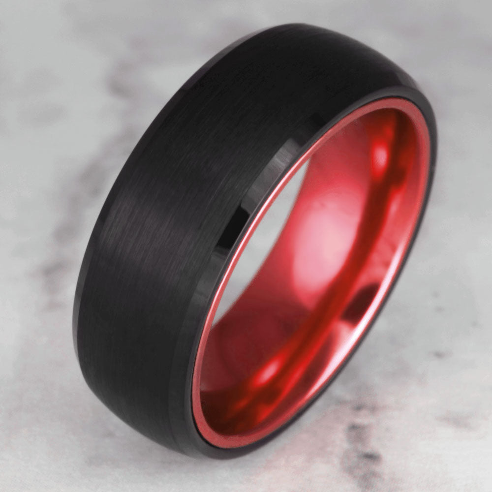 Brushed Black Tungsten Men's Wedding Band with Contrasting Red Interior