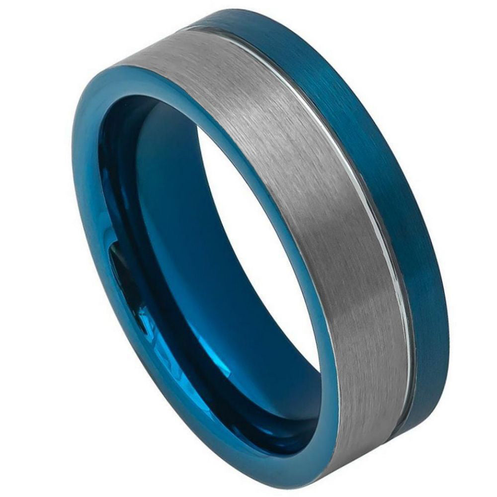 Brushed Blue Grooved Tungsten Men's Wedding Band