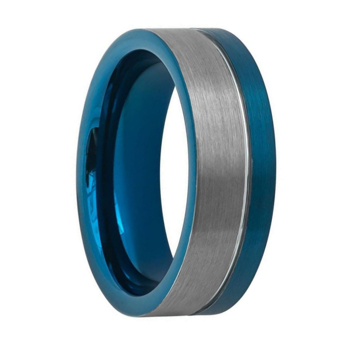 Brushed Blue Grooved Tungsten Men's Wedding Band