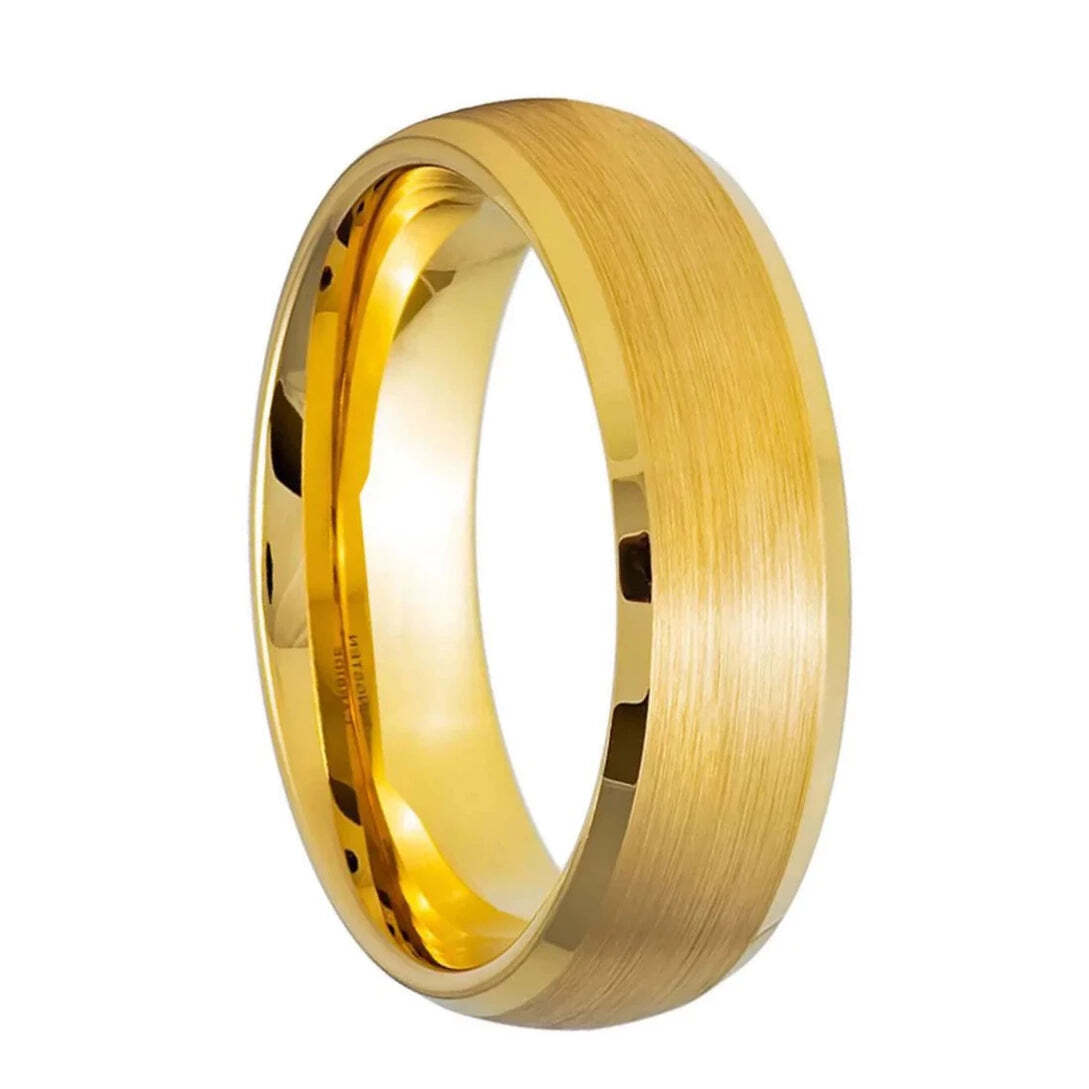 Brushed Domed Gold Tungsten Men's Wedding Band with Polished Beveled Edges