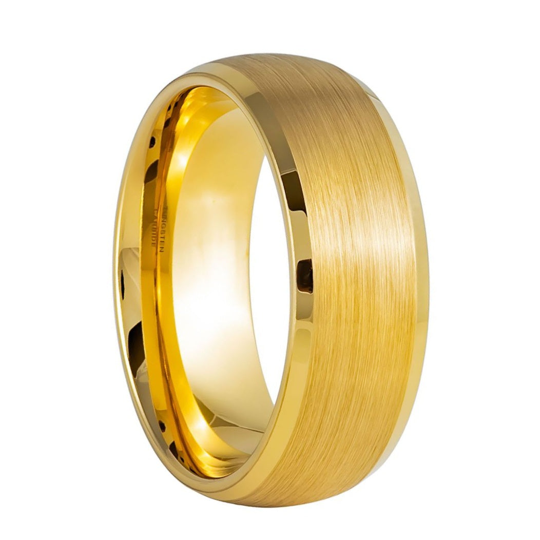 Brushed Domed Gold Tungsten Men's Wedding Band with Polished Beveled Edges