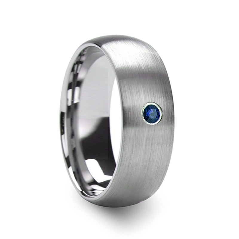 Brushed Domed Tungsten Men's Wedding Band with Blue Diamond