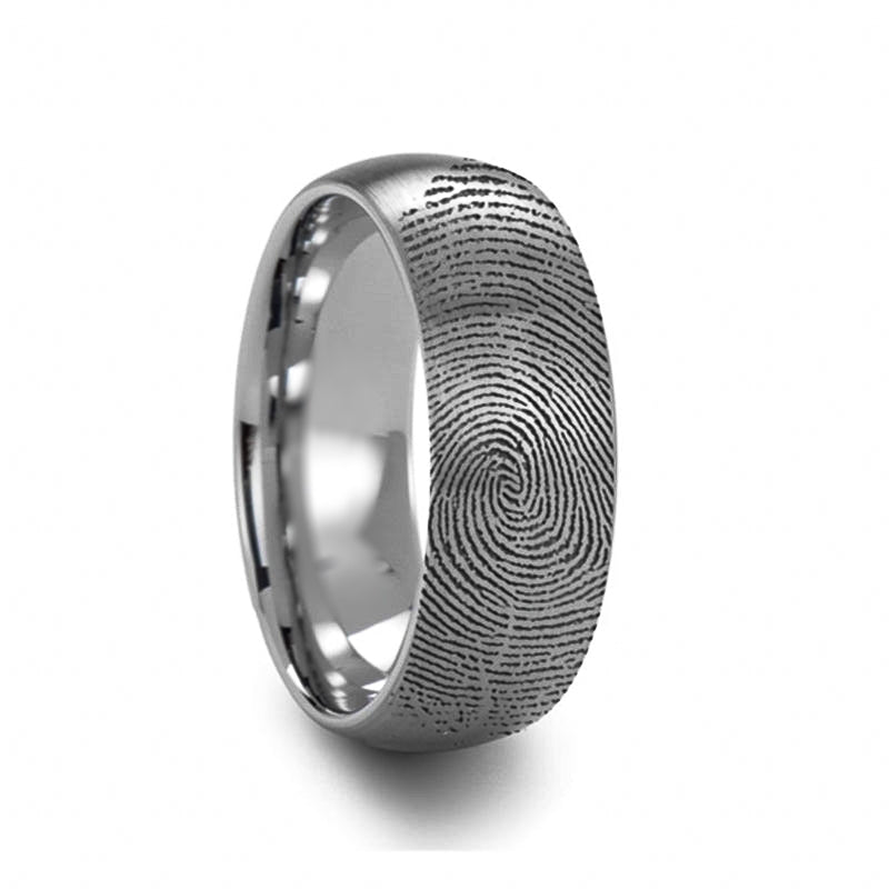 Brushed Domed Tungsten Wedding Band with Custom Fingerprint Engraving