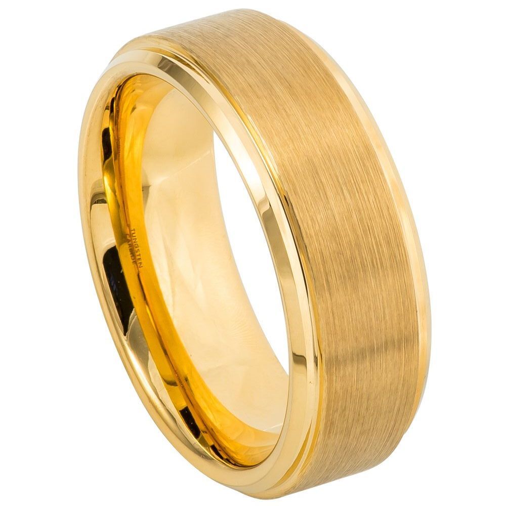 Brushed Gold Tungsten Men's Wedding Band with Stepped Edges
