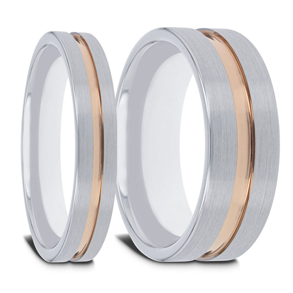 Rose Gold Grooved Brushed Tungsten Couple's Matching Wedding Band Set