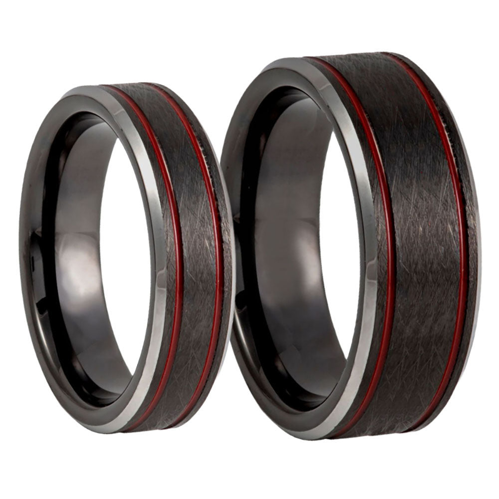 Brushed Tungsten Couple's Matching Wedding Band Set with Dual Red Grooves