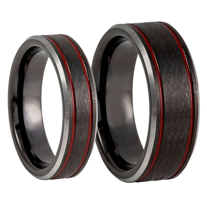 Brushed Tungsten Couple's Matching Wedding Band Set with Dual Red Grooves