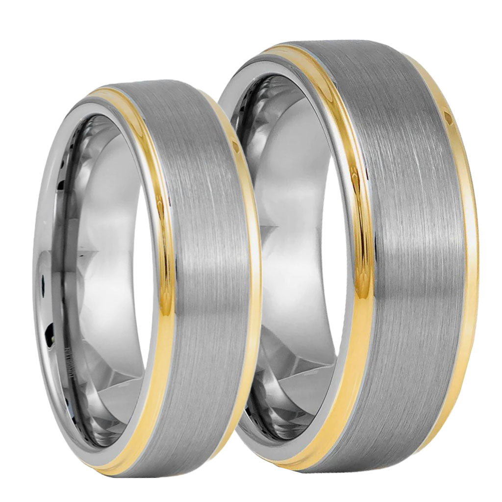 Brushed Tungsten Couple's Matching Wedding Band Set with Yellow Gold Edges