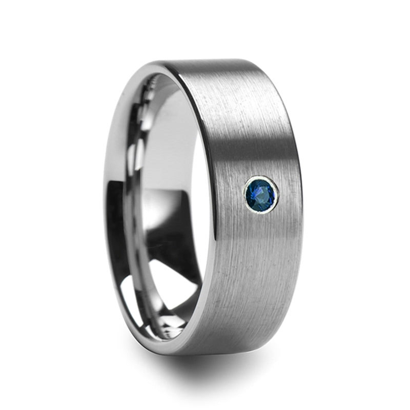 Brushed Tungsten Men's Wedding Band with Blue Diamond