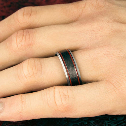 Brushed Tungsten Men's Wedding Band with Dual Red Grooves