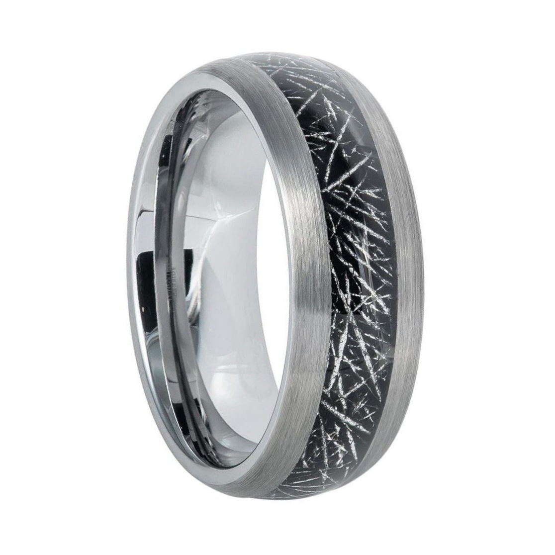 Brushed Tungsten Men's Wedding Band with Silver & Black Carbon Fiber Inlay