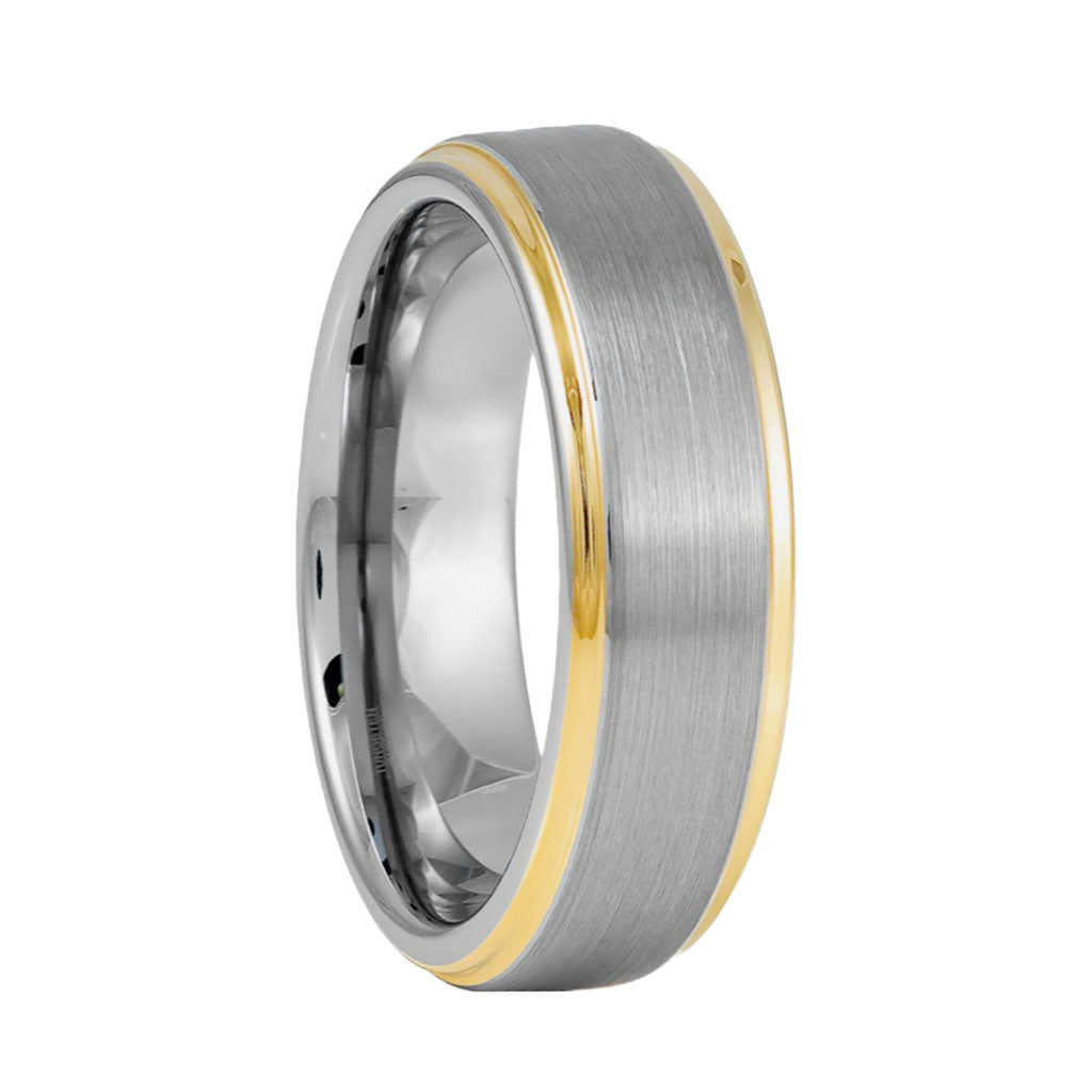 Brushed Tungsten Men's Wedding Band with Yellow Gold Edges