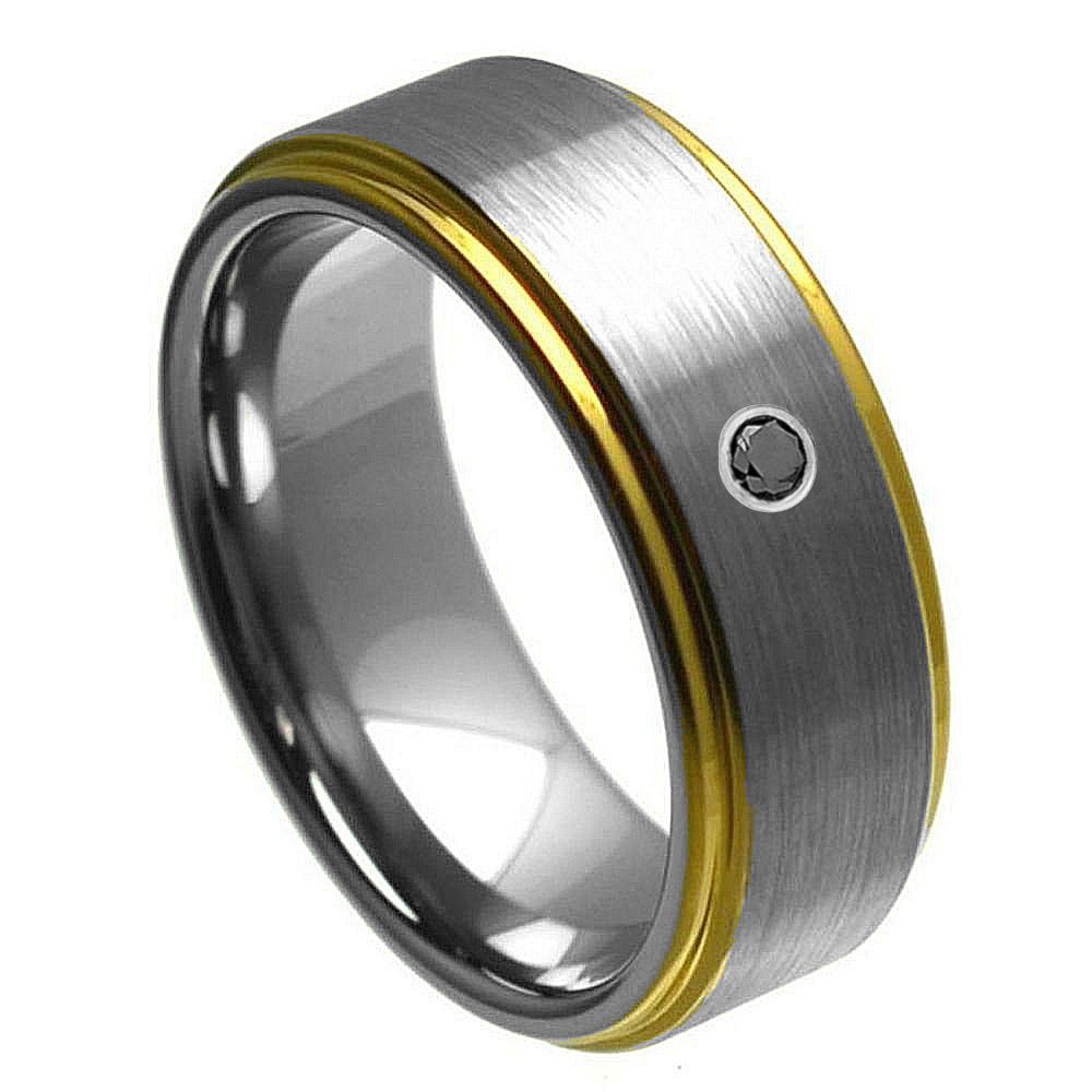 Brushed Tungsten Men's Wedding Band with Yellow Gold Edges & Black Diamond