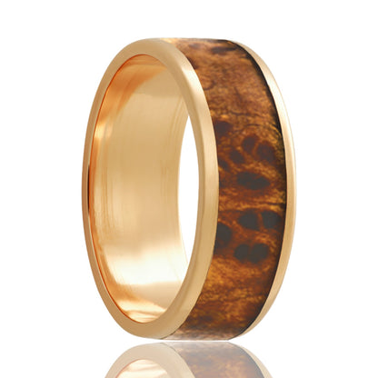 Burl Wood Inlay 14k Yellow Gold Wedding Band