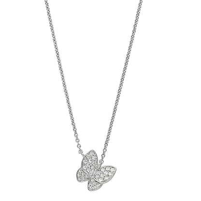 A butterfly necklace with simulated diamonds displayed on a neutral white background.