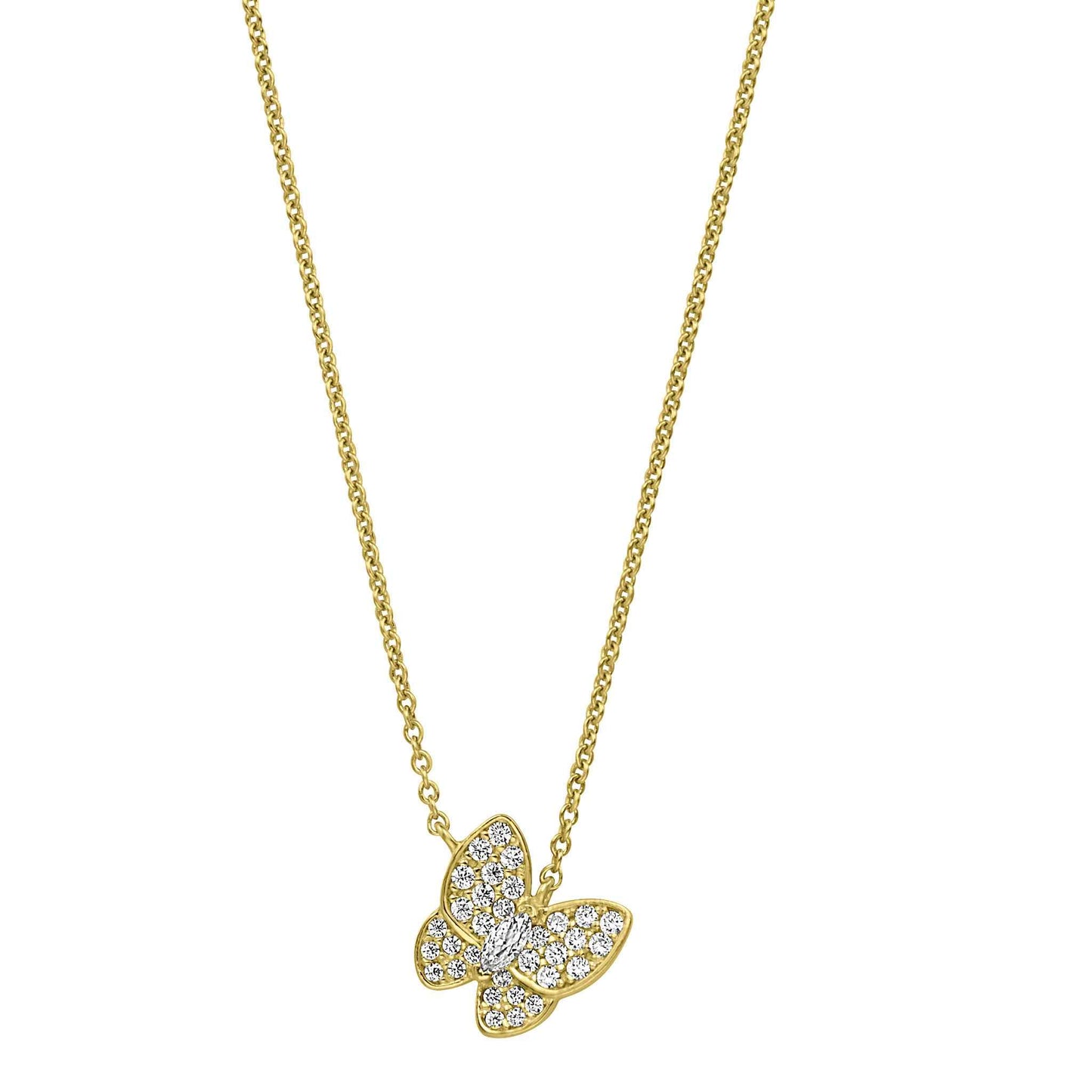A butterfly necklace with simulated diamonds displayed on a neutral white background.