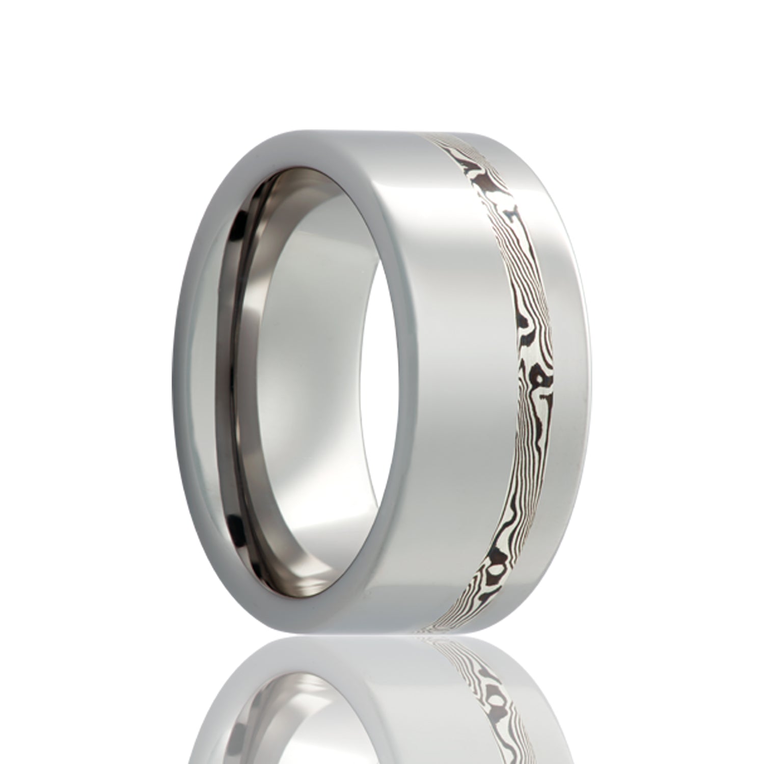 A asymmetrical sterling silver & shakudo mokume gane inlay tungsten wedding band displayed on a neutral white background.