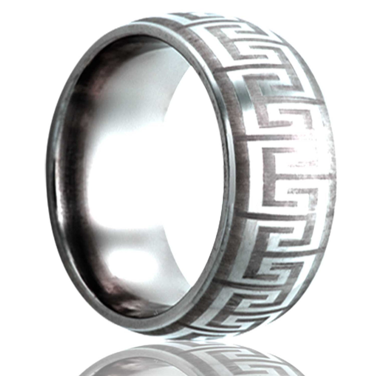 A greek key engraved domed cobalt wedding band displayed on a neutral white background.
