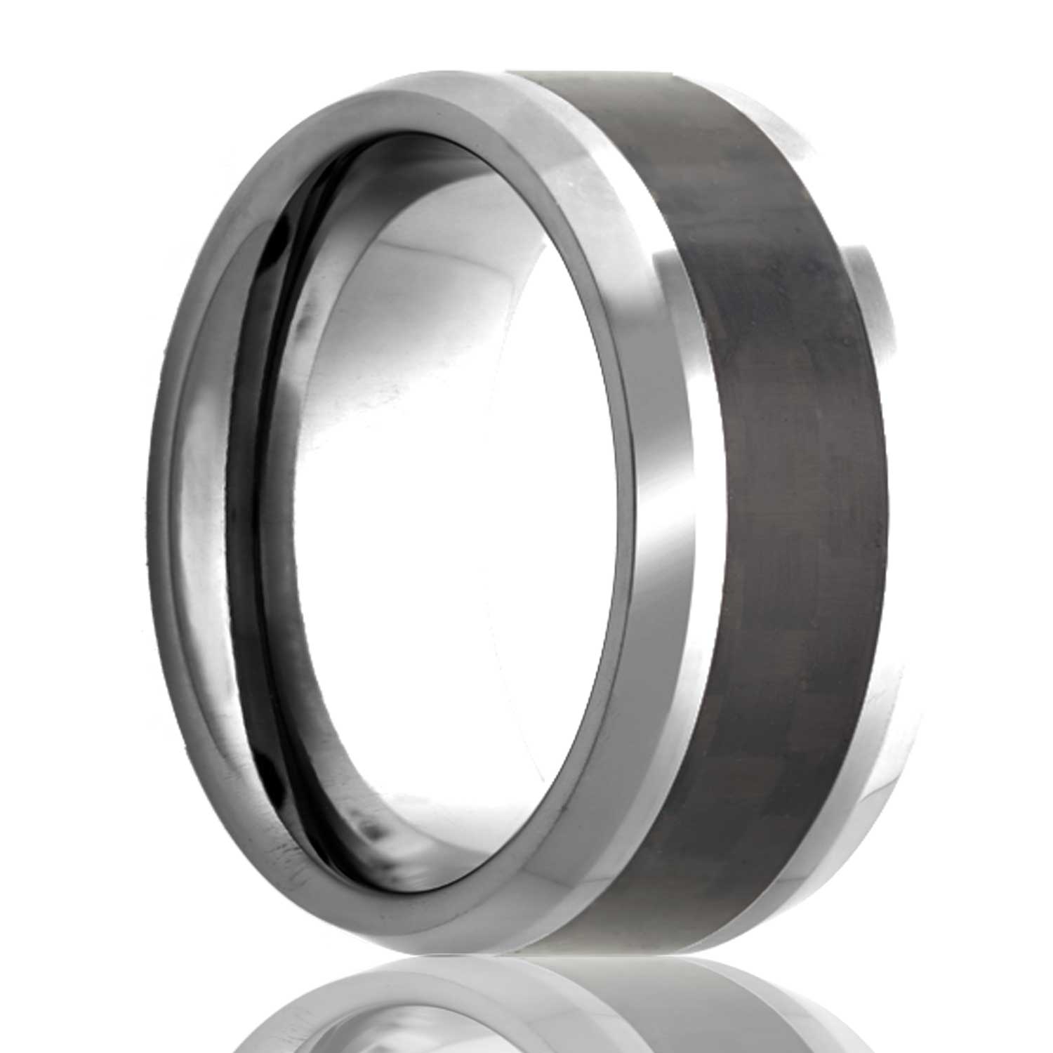A carbon fiber inlay cobalt men's wedding band with beveled edges displayed on a neutral white background.