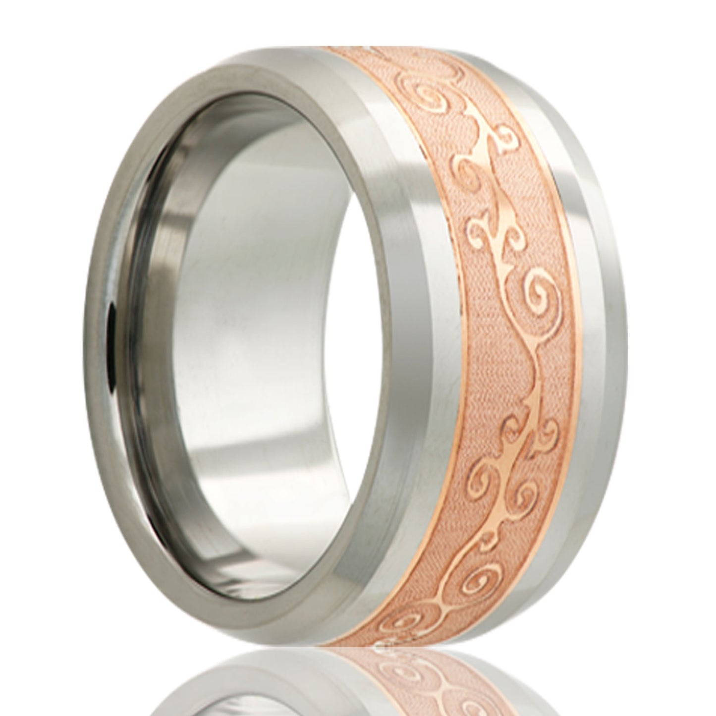 A scroll pattern copper inlay cobalt men's wedding band with beveled edges displayed on a neutral white background.