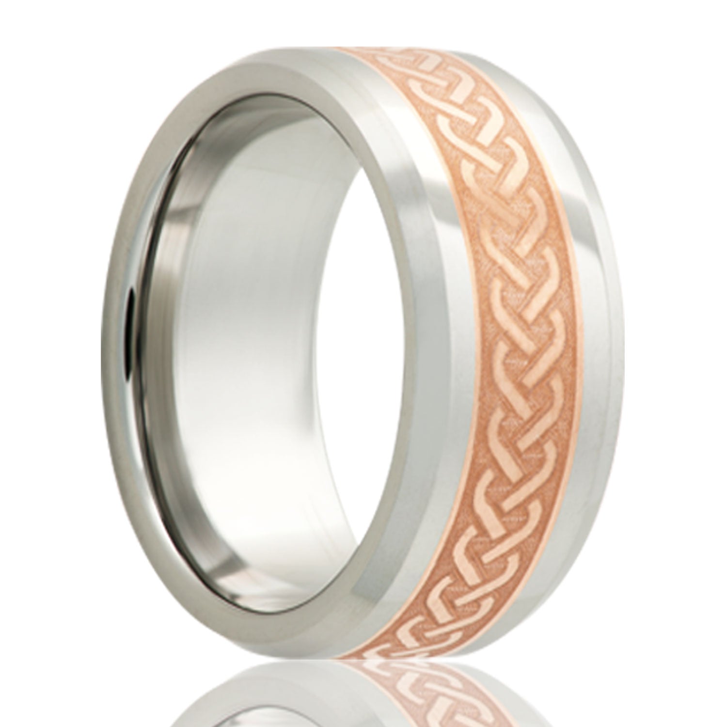 A celtic pattern copper inlay cobalt men's wedding band with beveled edges displayed on a neutral white background.