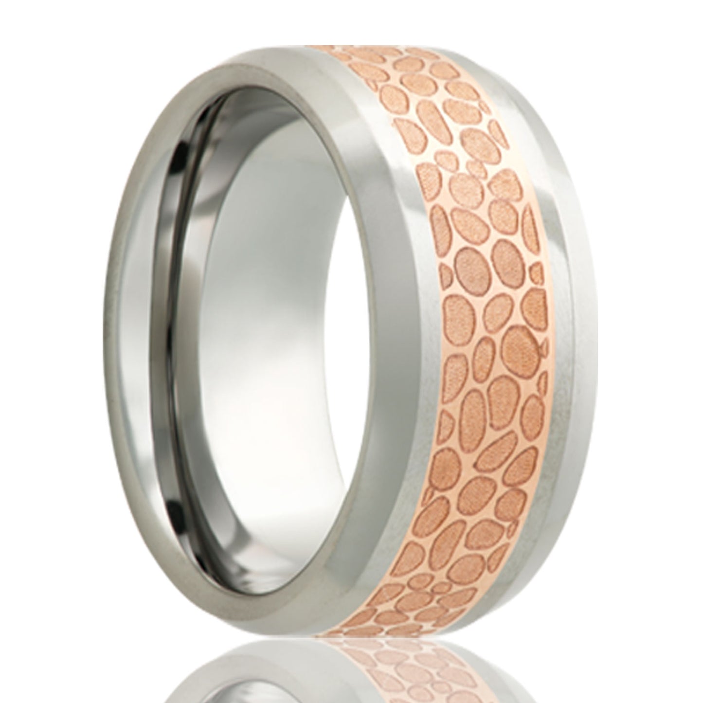 A copper inlay cobalt men's wedding band with beveled edges displayed on a neutral white background.