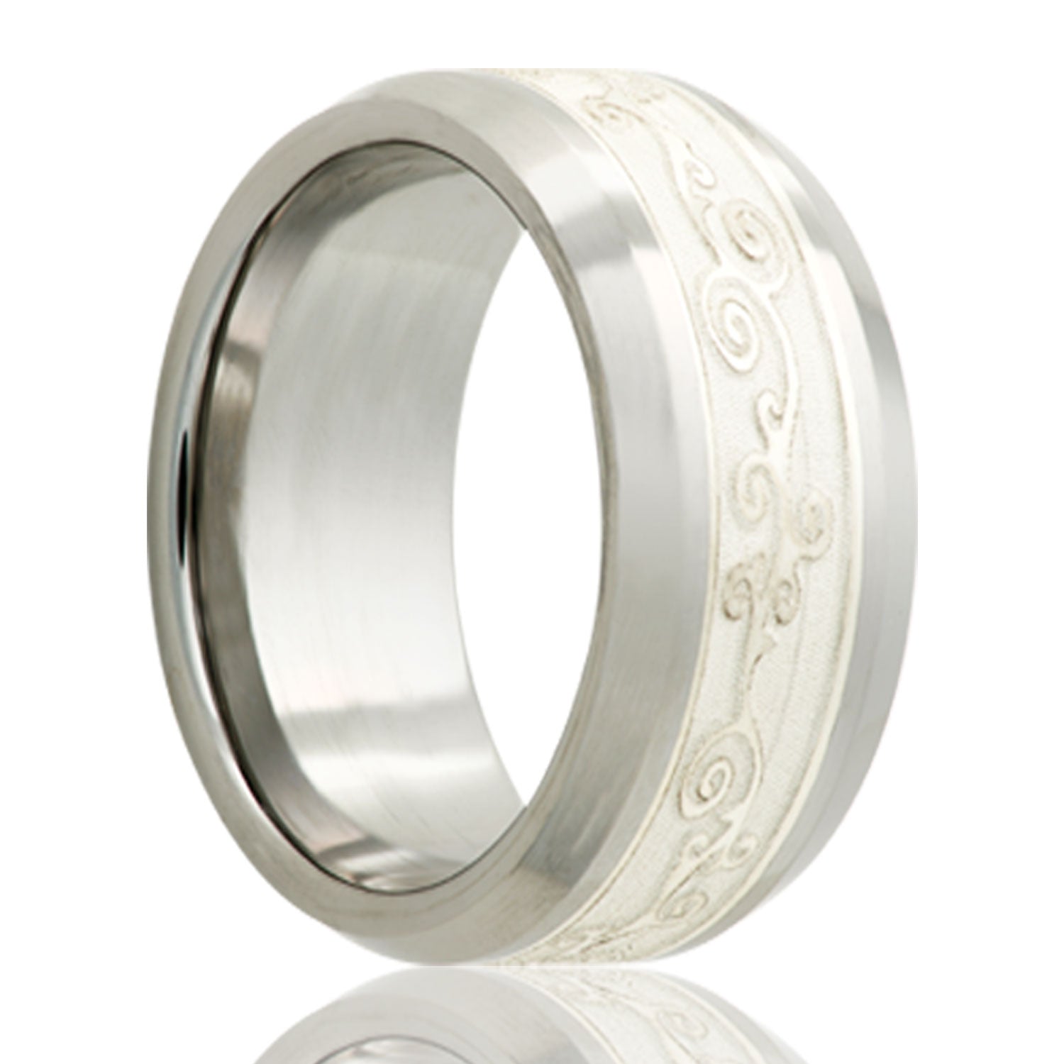 Scroll Pattern Silver Inlay Cobalt Men's Ring with Beveled Edges