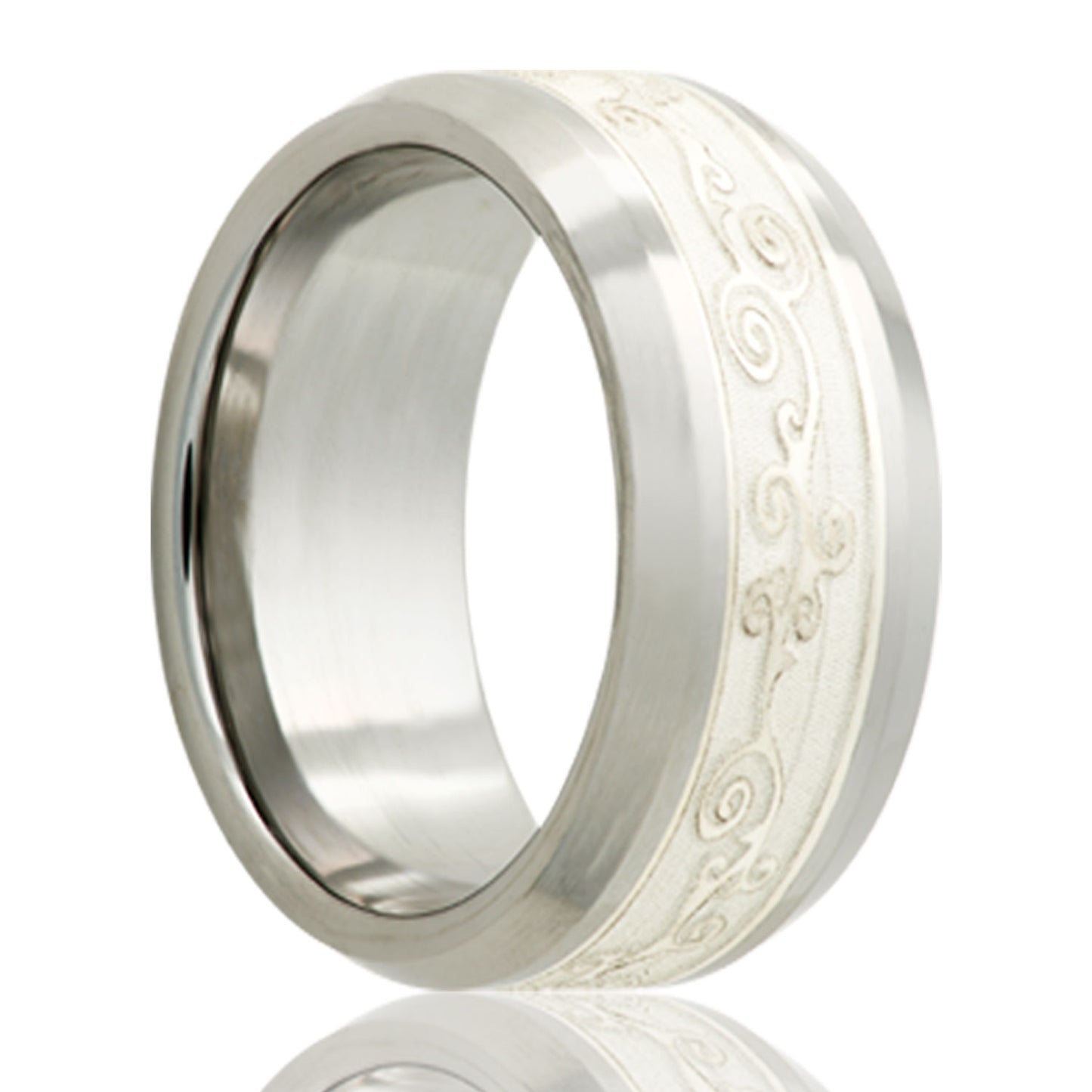 A scroll pattern silver inlay cobalt men's wedding band with beveled edges displayed on a neutral white background.