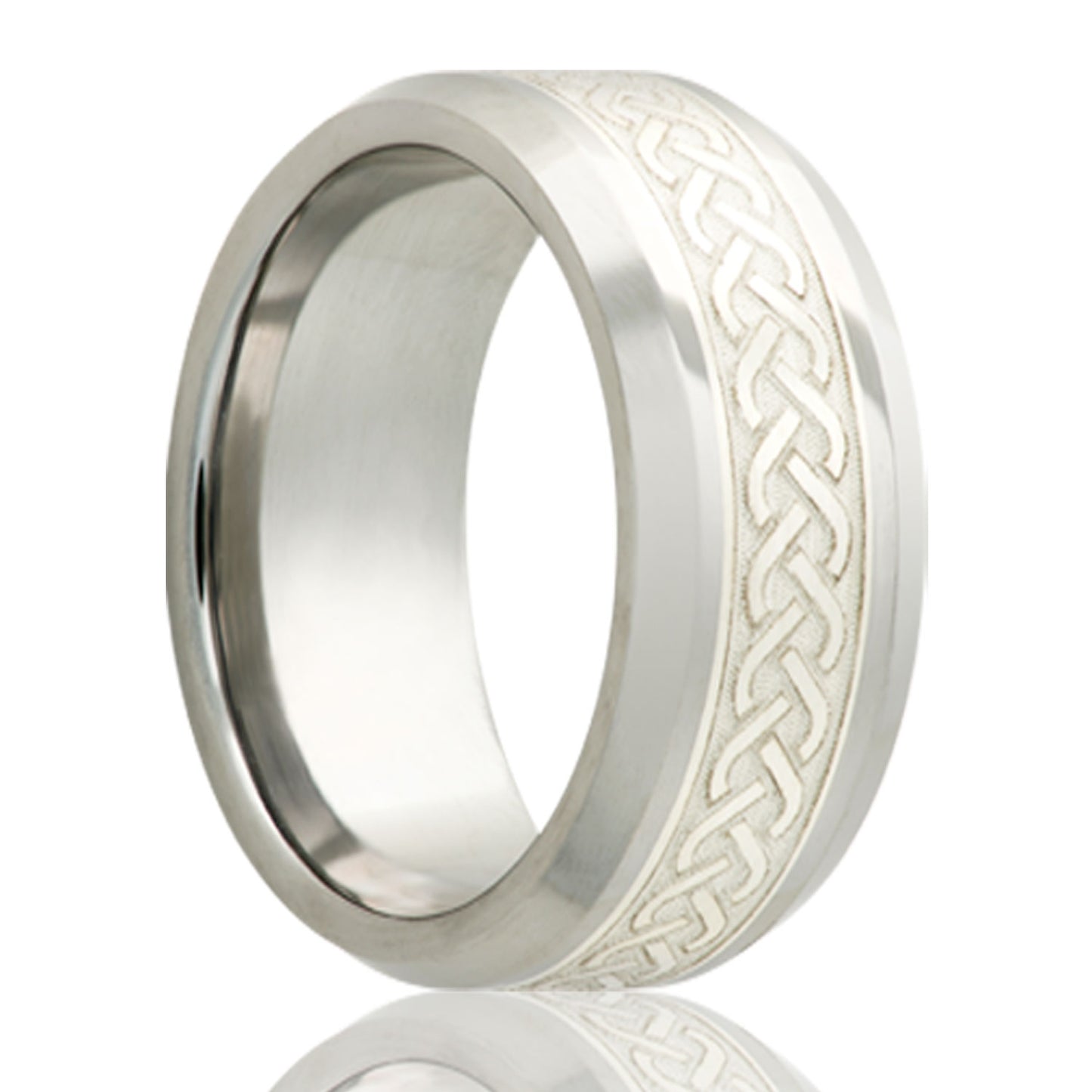 A celtic knot silver inlay cobalt men's wedding band with beveled edges displayed on a neutral white background.