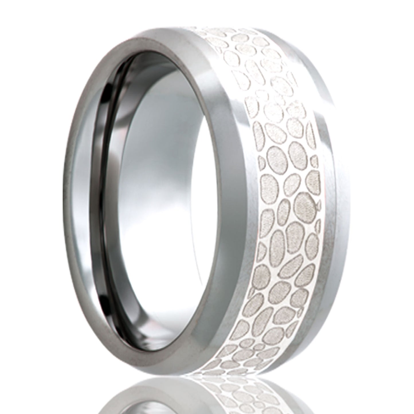A hammered silver inlay cobalt men's wedding band with beveled edges displayed on a neutral white background.