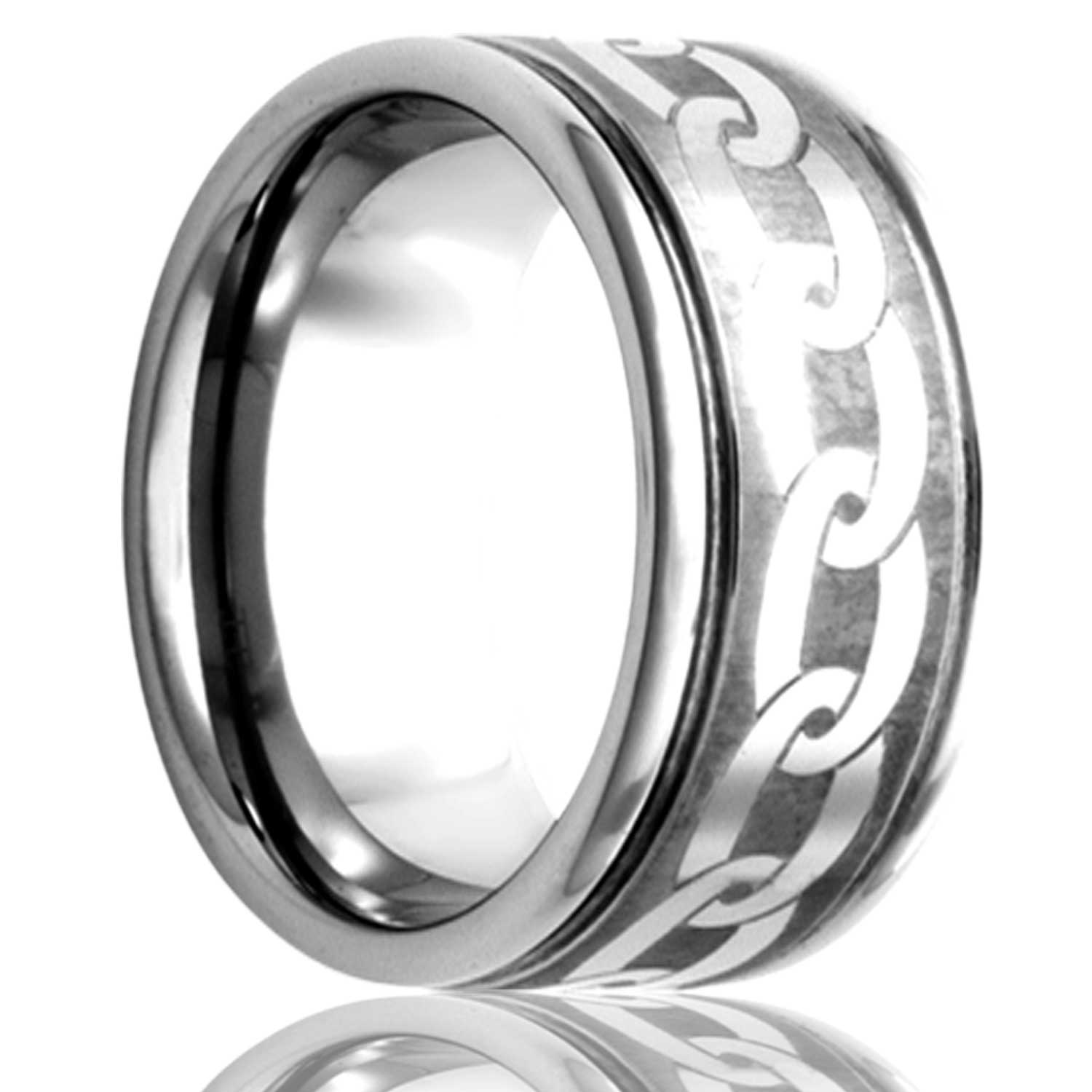 A chain pattern grooved cobalt wedding band displayed on a neutral white background.