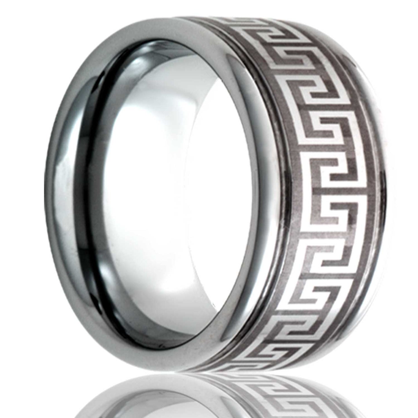 A greek key grooved cobalt wedding band displayed on a neutral white background.