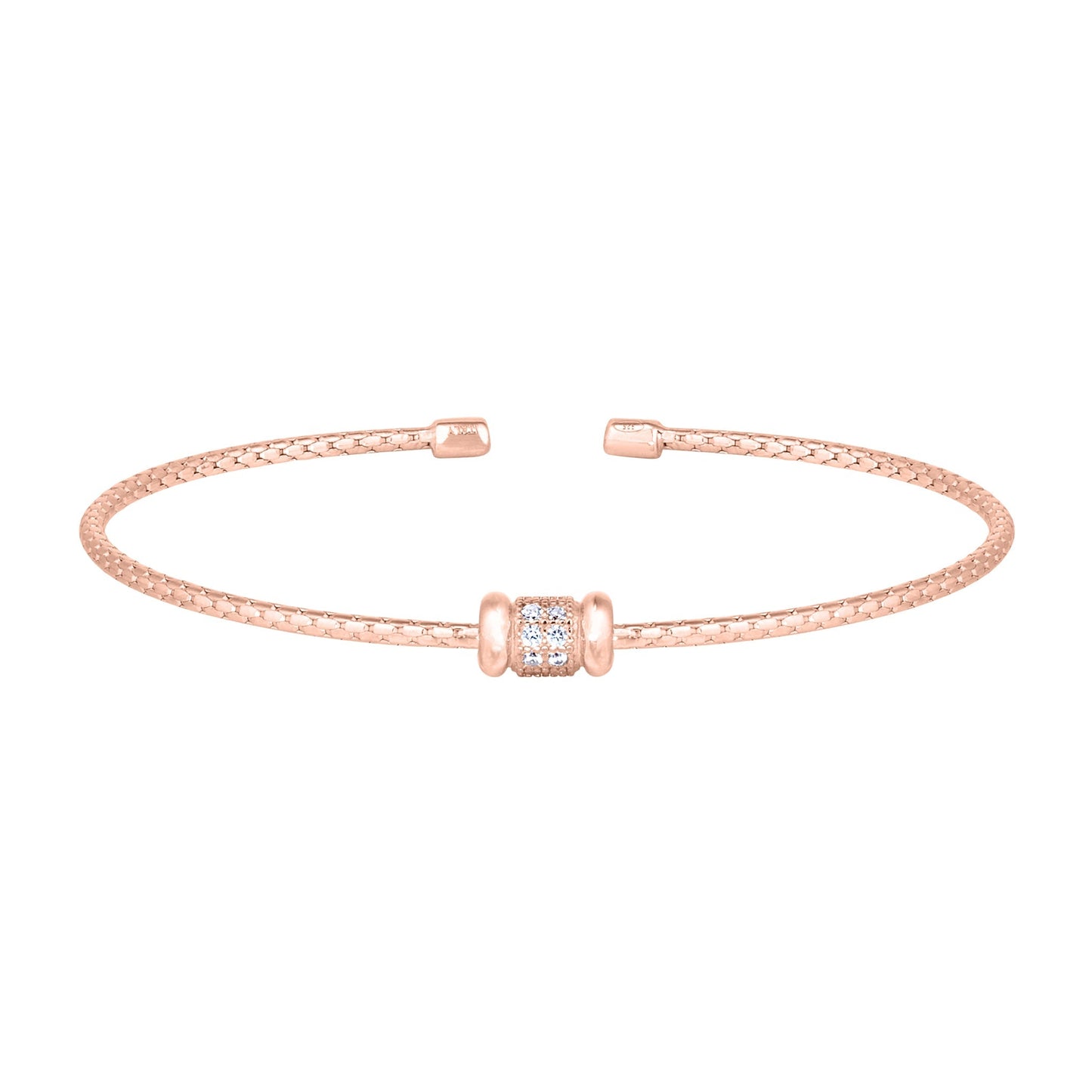 A cable bracelet with circular bar accent and simulated diamonds displayed on a neutral white background.