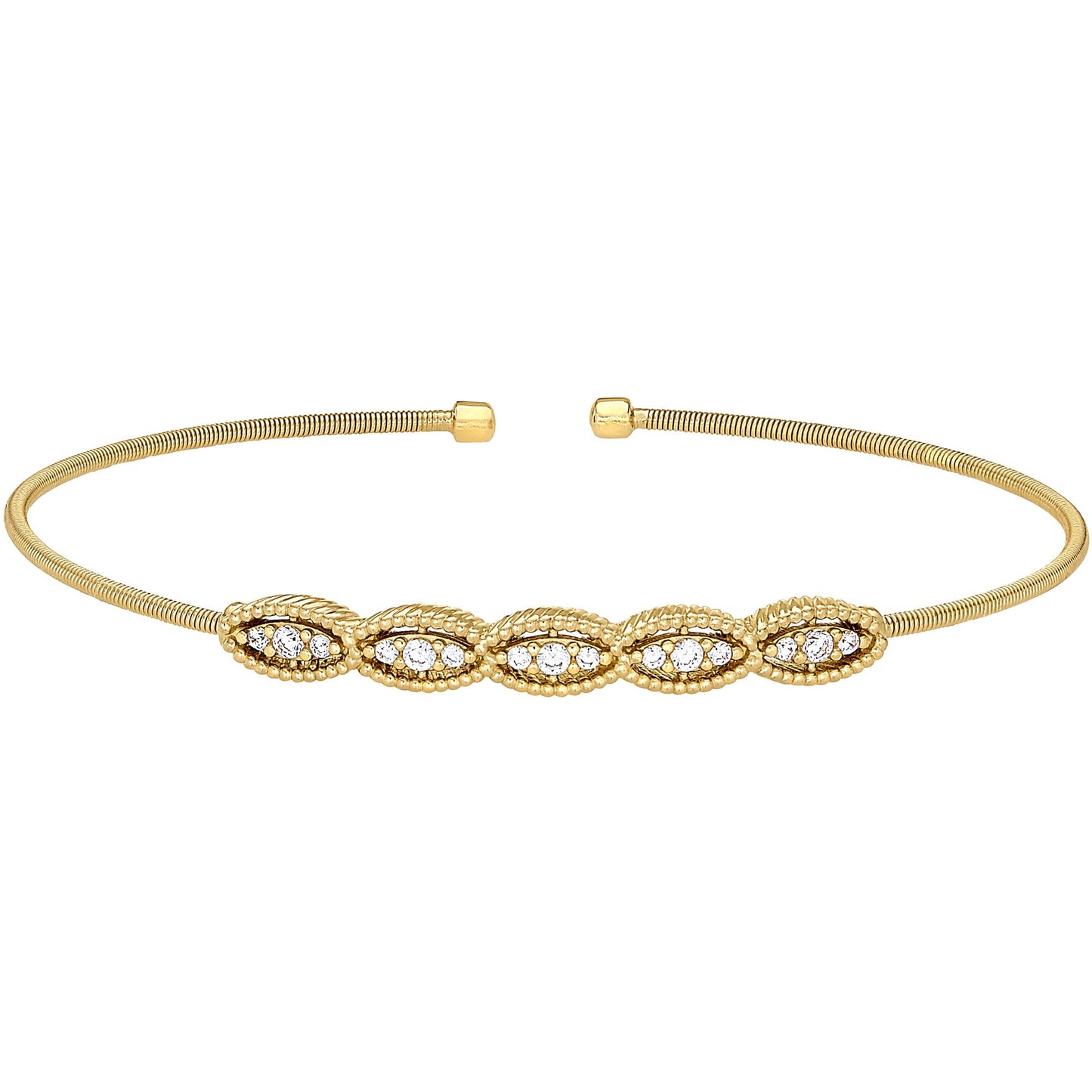 A cable bracelet with marquise shaped simulated diamond displayed on a neutral white background.