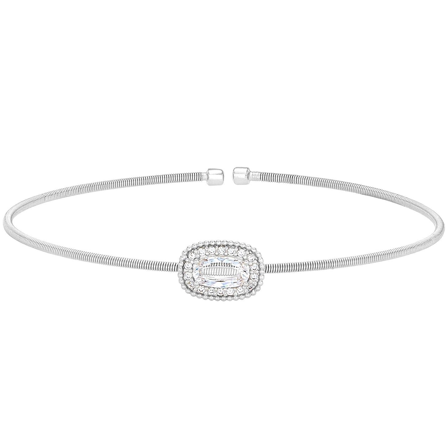 A oval halo design simulated diamonds flexible cable bracelet displayed on a neutral white background.