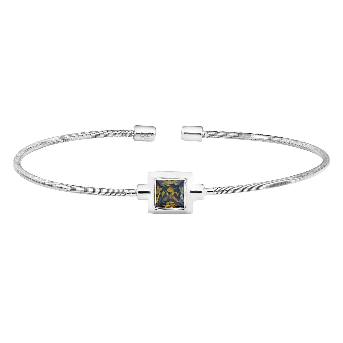 A cable bracelet with princess cut birthstone displayed on a neutral white background.
