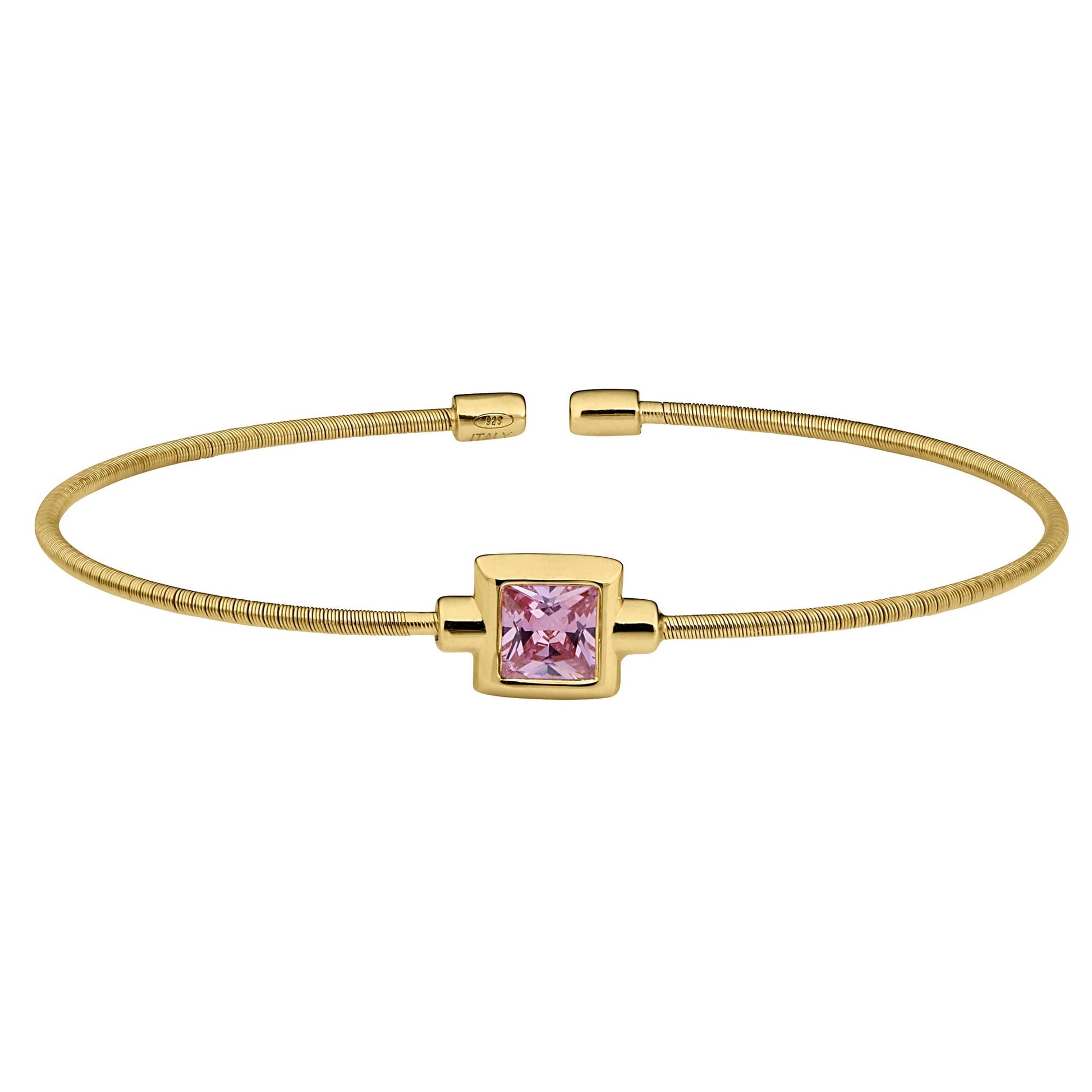 A cable bracelet with princess cut birthstone displayed on a neutral white background.