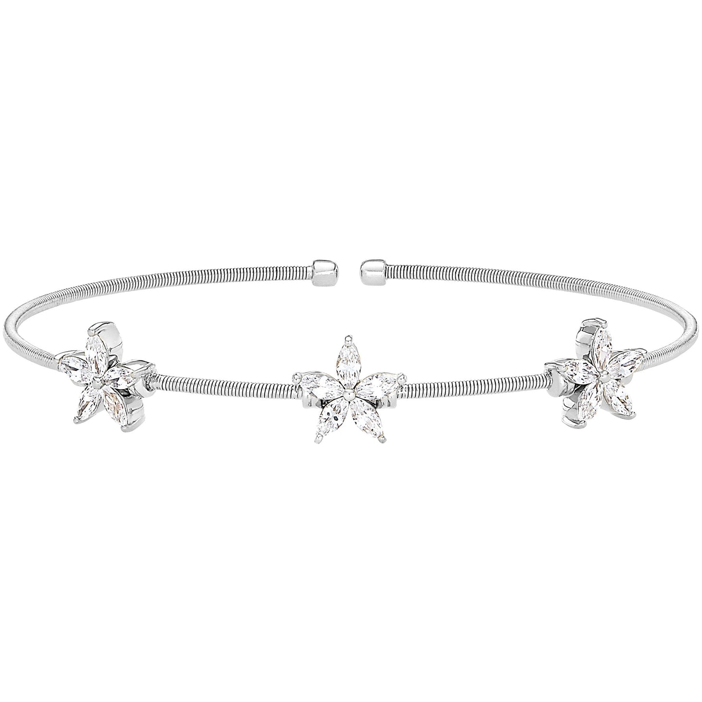 A cable bracelet with simulated diamond flowers displayed on a neutral white background.