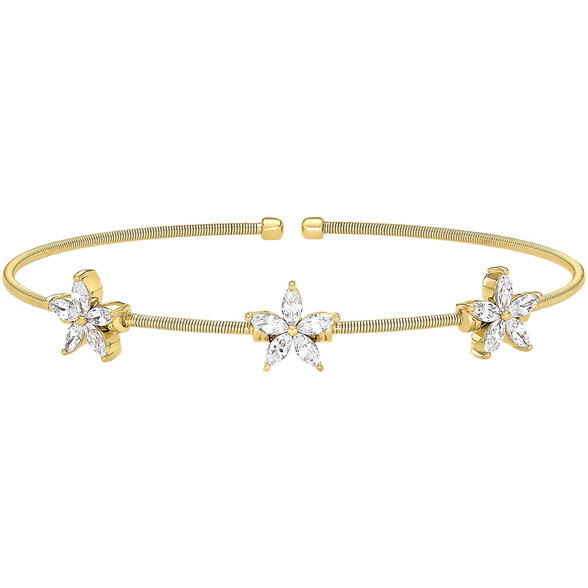 A cable bracelet with simulated diamond flowers displayed on a neutral white background.