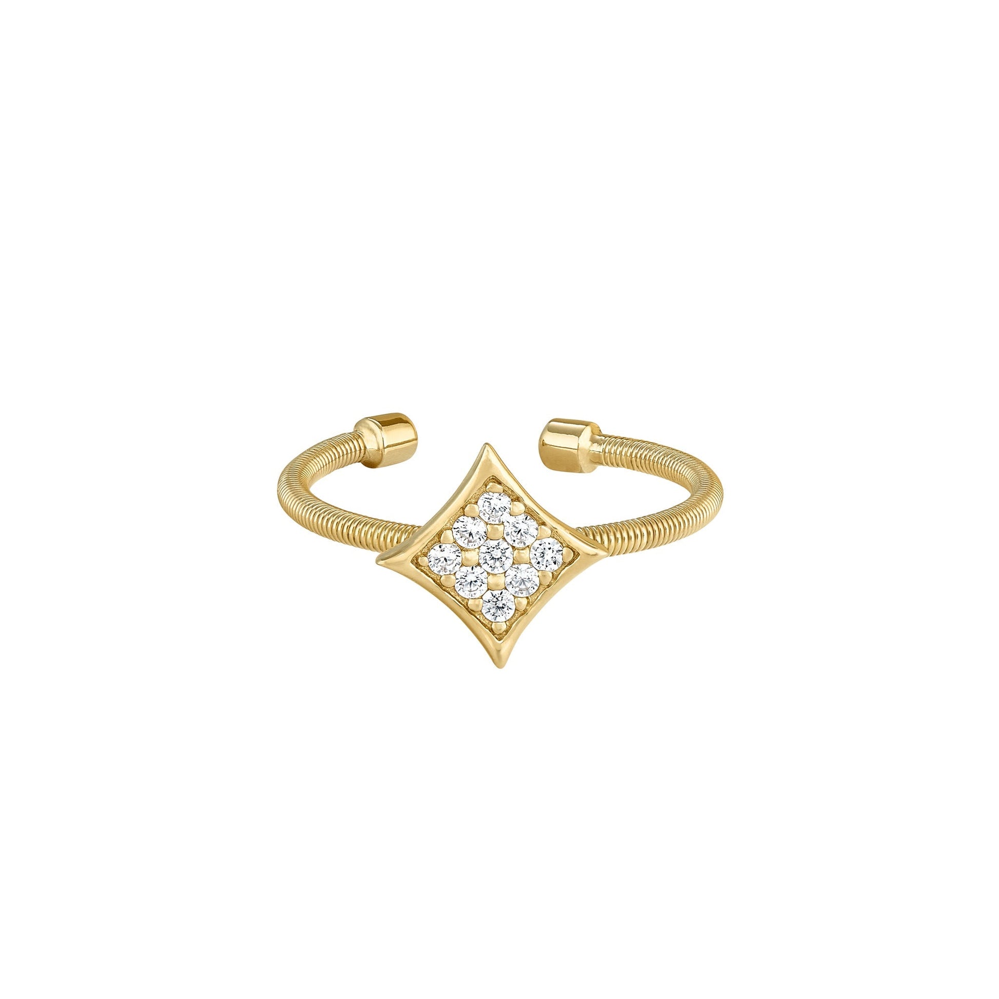 A cable diamond shaped ring with simulated diamonds displayed on a neutral white background.