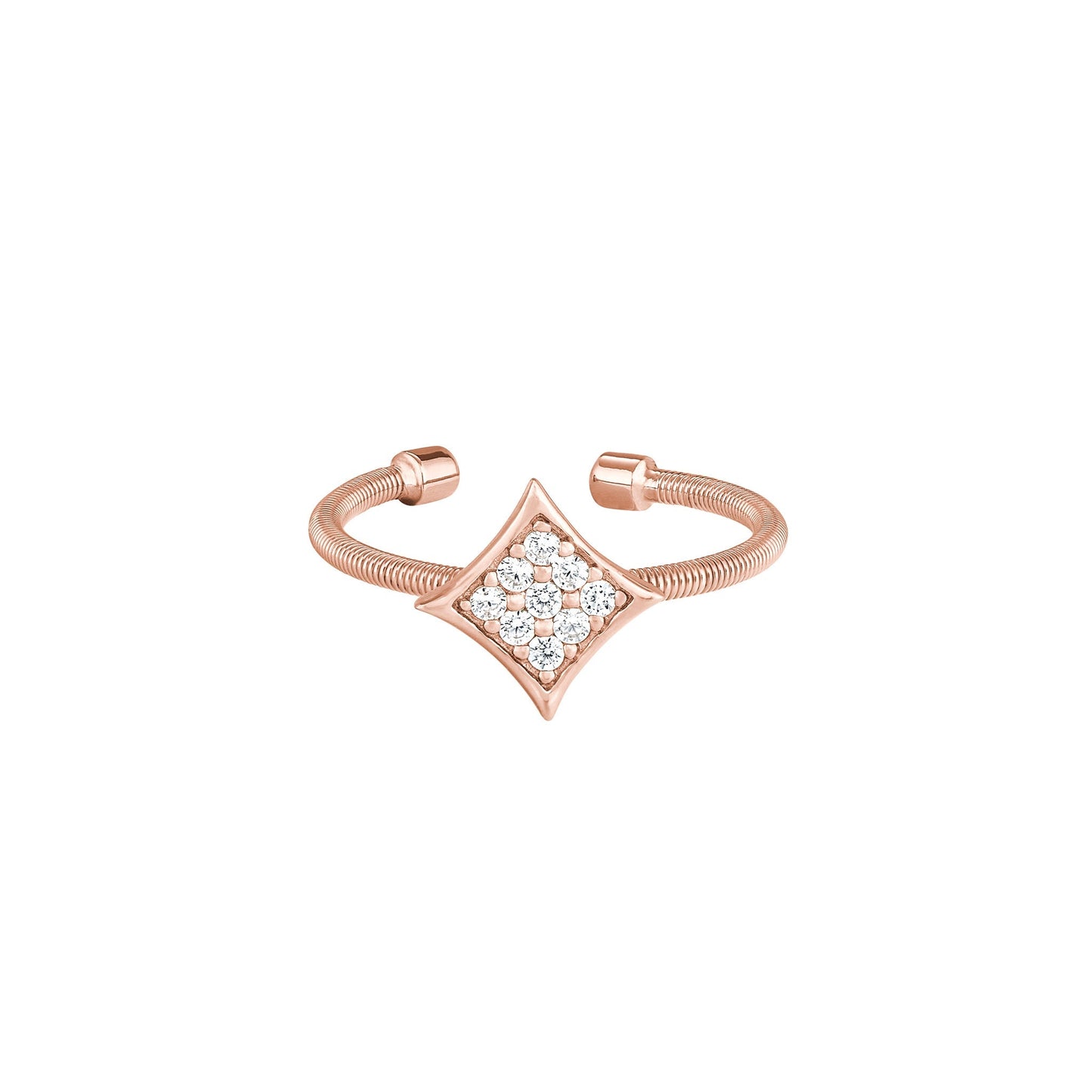 A cable diamond shaped ring with simulated diamonds displayed on a neutral white background.