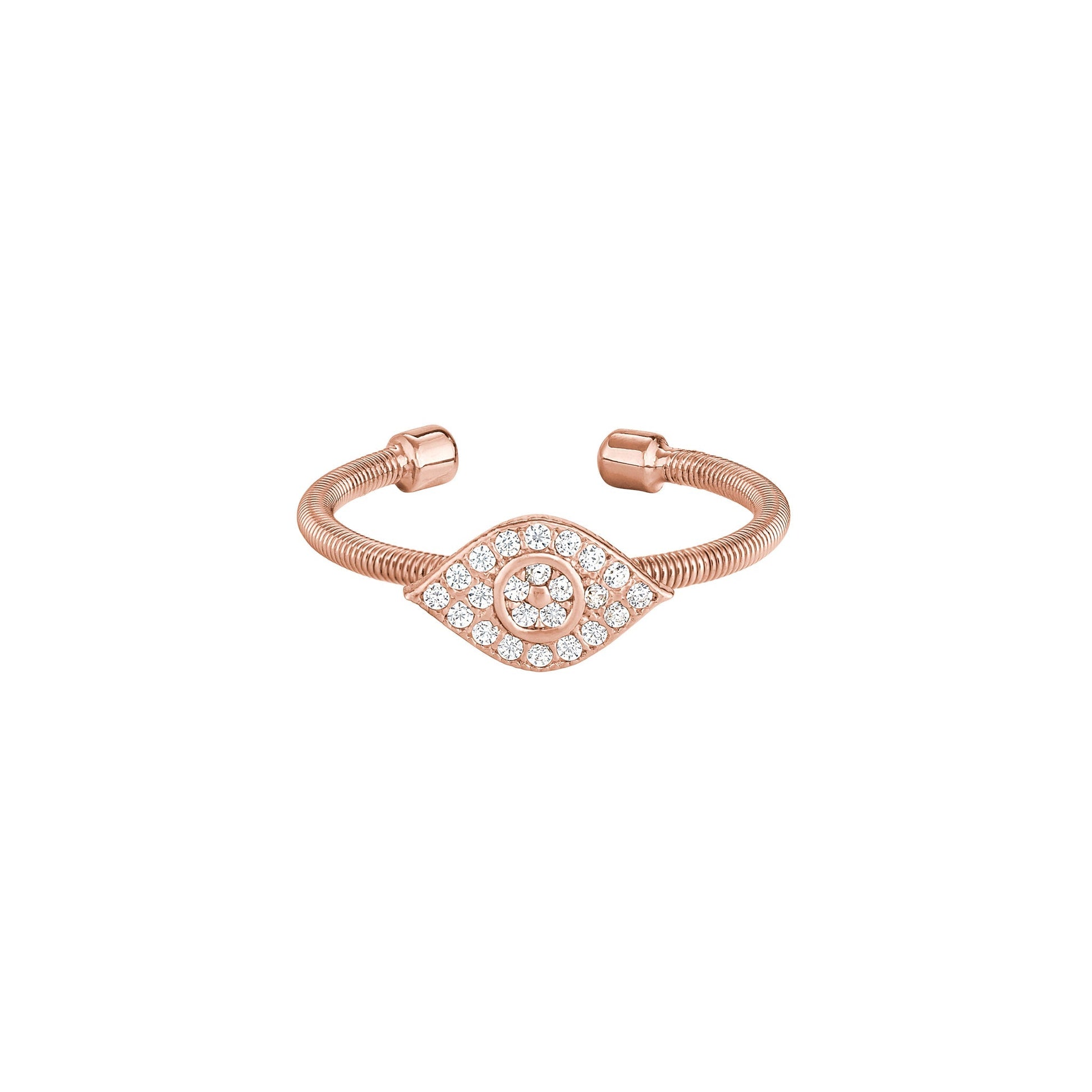 A flexible cable evil eye ring with simulated diamonds displayed on a neutral white background.