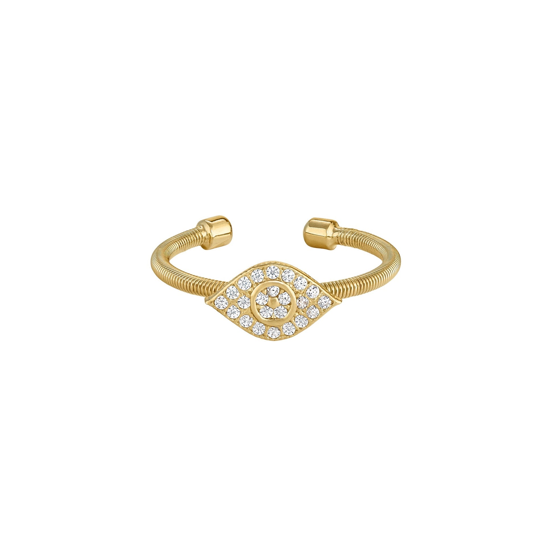 A flexible cable evil eye ring with simulated diamonds displayed on a neutral white background.