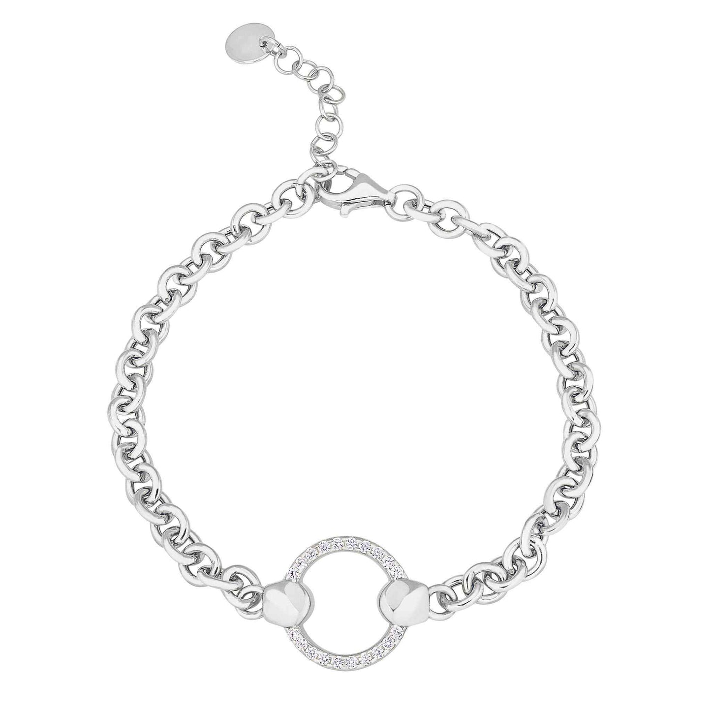 A cable link bracelet with open circle with simulated diamonds displayed on a neutral white background.