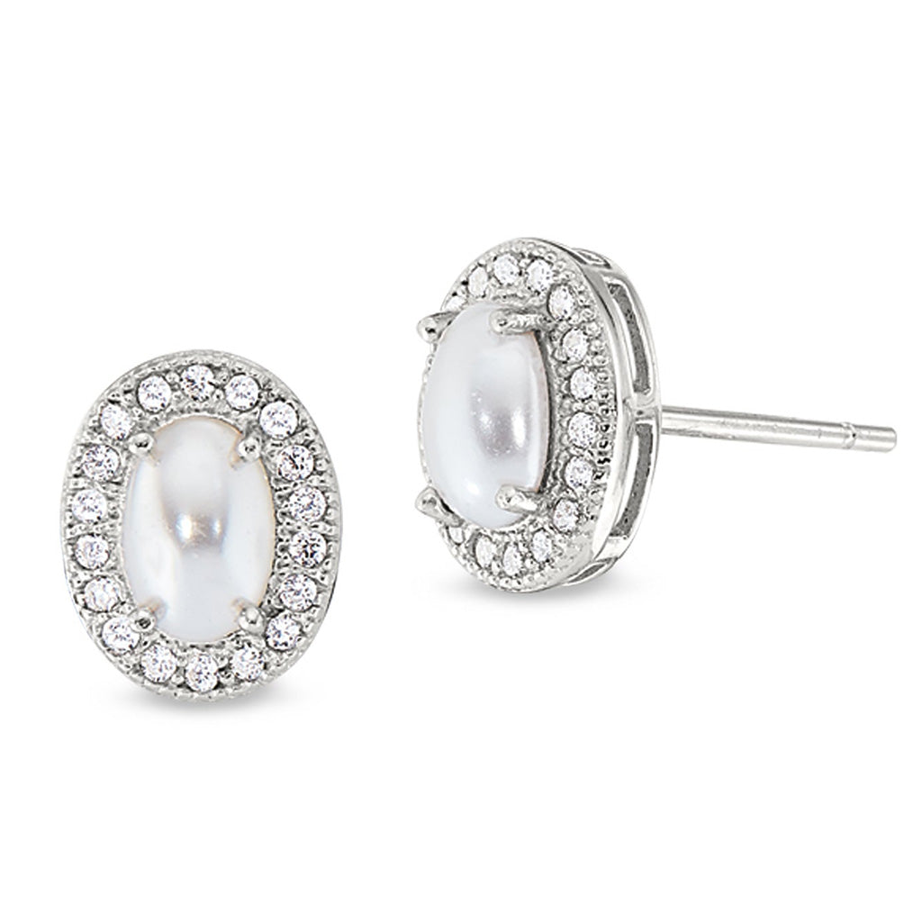 A cabochon cut pearl earrings with simulated diamonds displayed on a neutral white background.