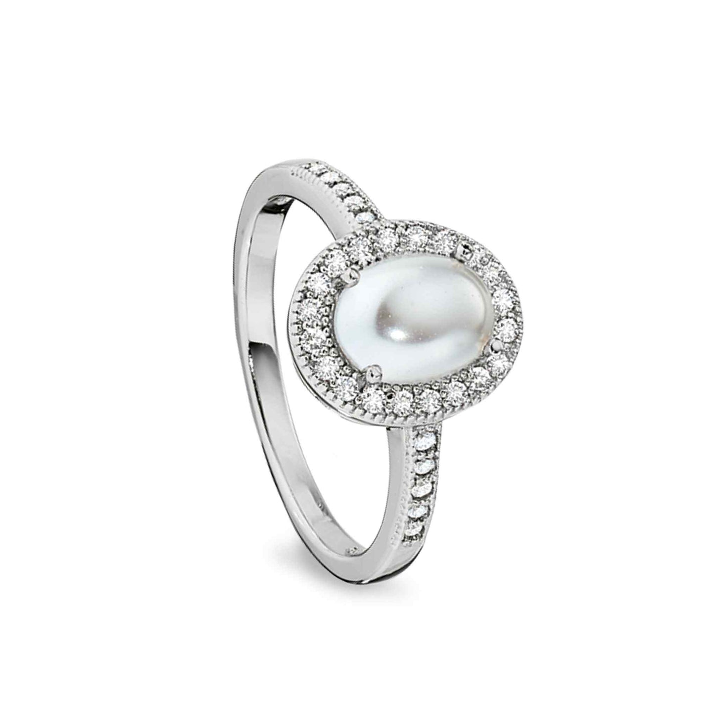 A cabochon cut pearl ring with simulated diamonds displayed on a neutral white background.