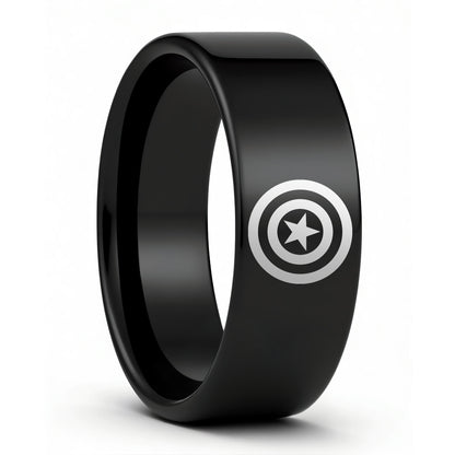 Captain America Shield Engraved Black Tungsten Wedding Band