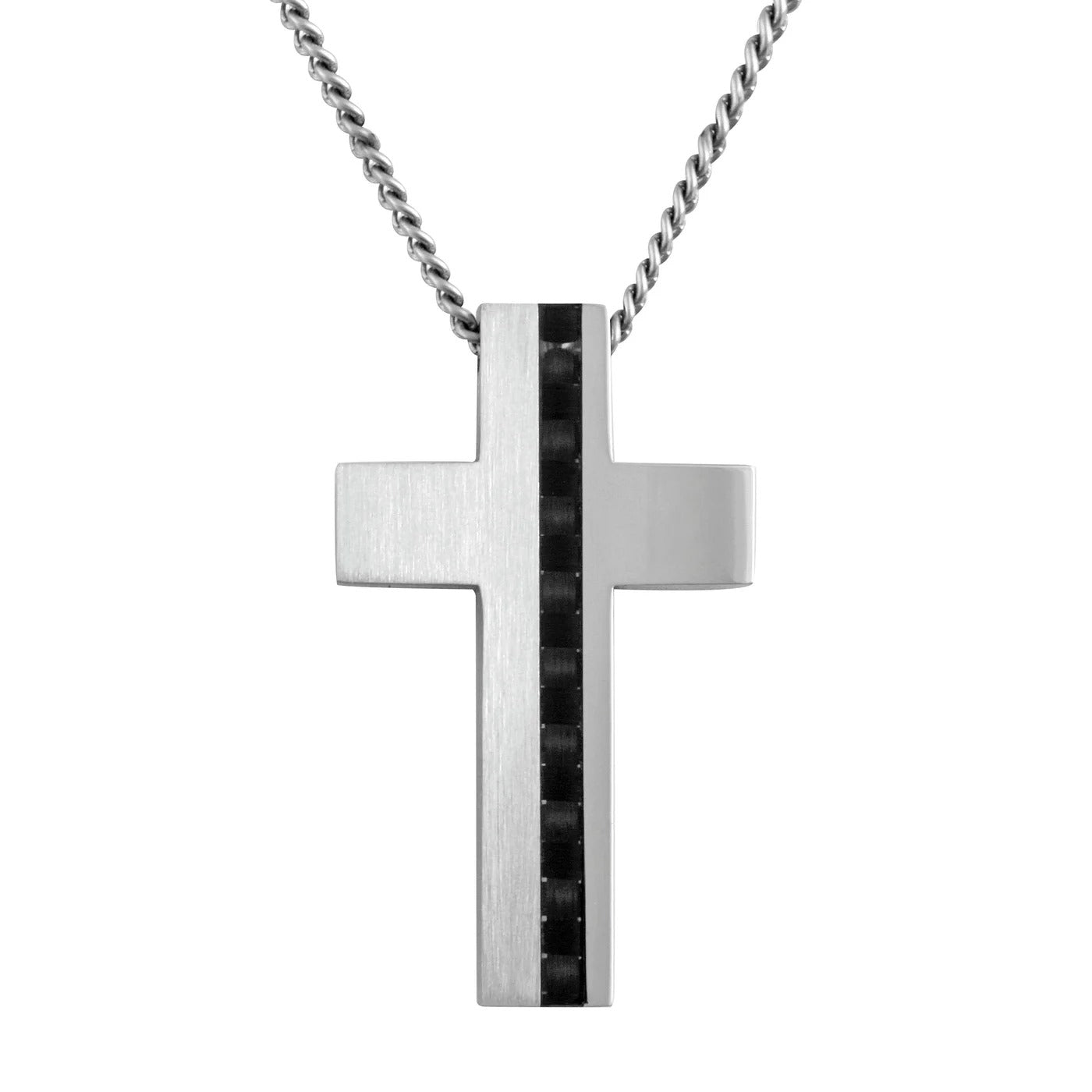 A men's stainless steel cross necklace with asymmetrical carbon fiber inlay displayed on a neutral white background.