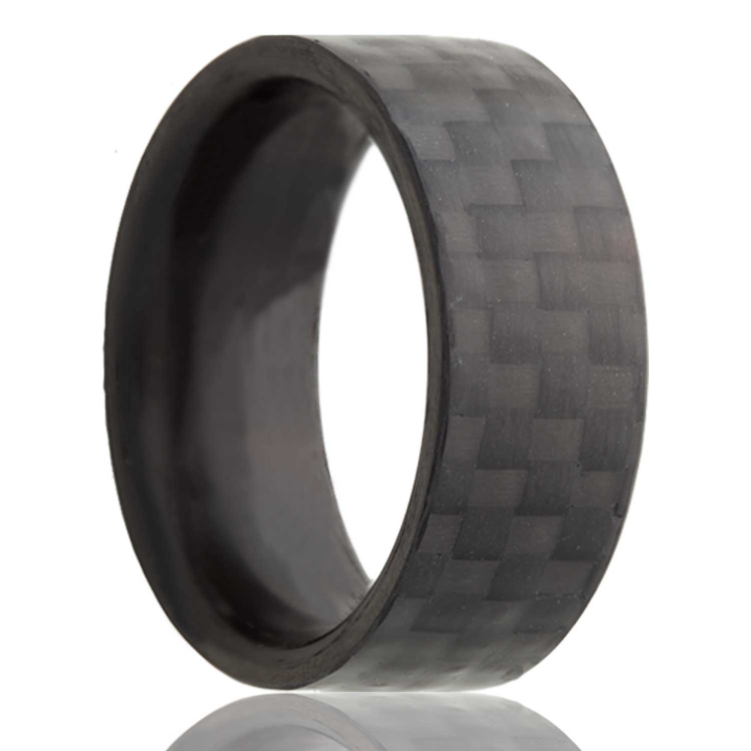 A classic carbon fiber wedding band displayed on a neutral white background.
