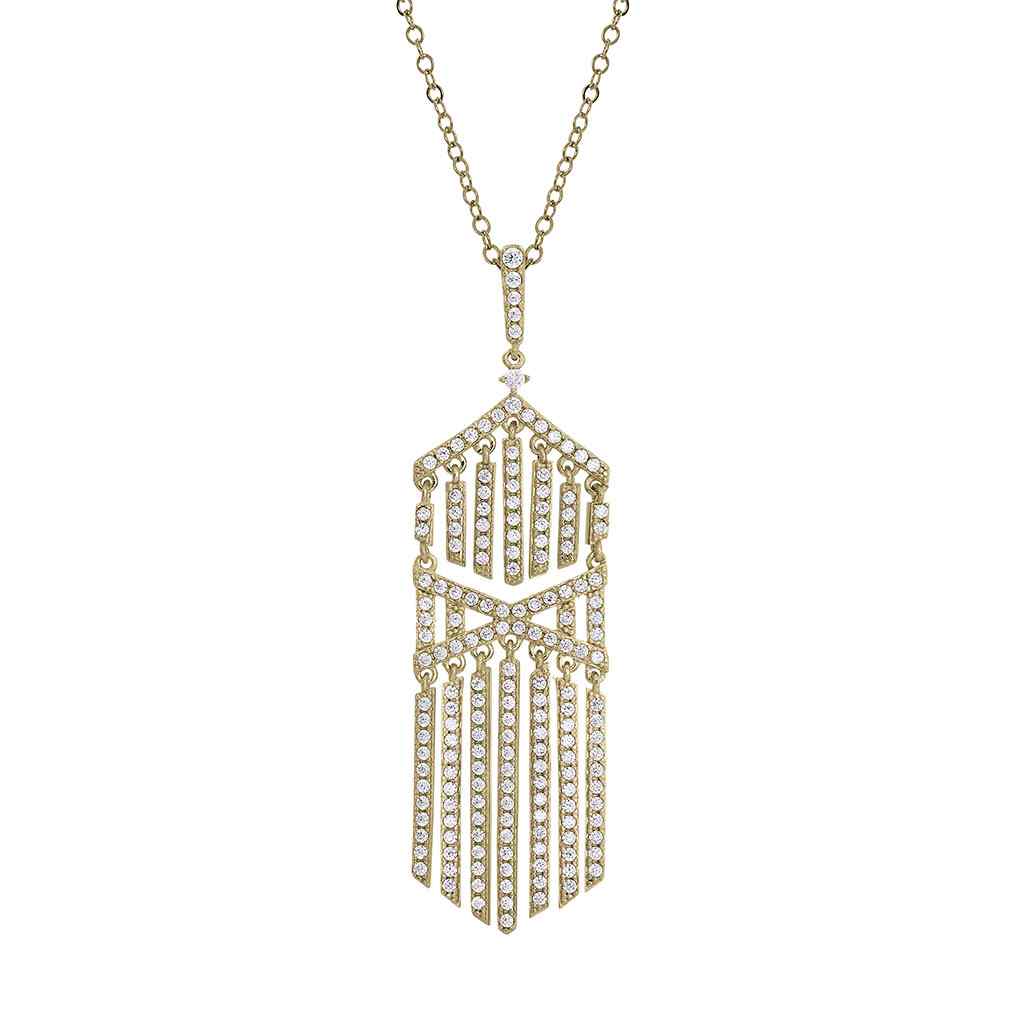 A cascade necklace with simulated diamonds displayed on a neutral white background.